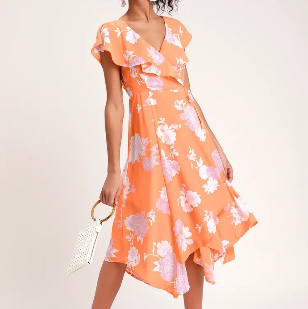Lulus Garden of Joy Light Floral Print Ruffled Wrap Dress Asymmetrical Orange XS